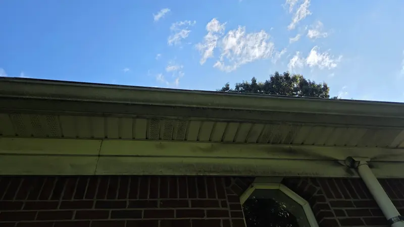 Looking up at a white gutter and fascia with dark vertical streaks along the front, on a brick house.