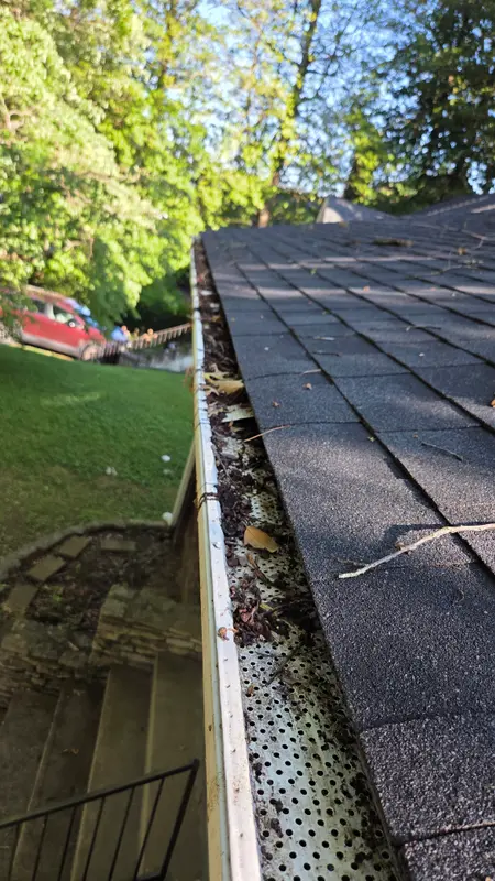 Leaves, twigs and debris sitting on top of a perforated gutter guard along the edge of a shingle roof.