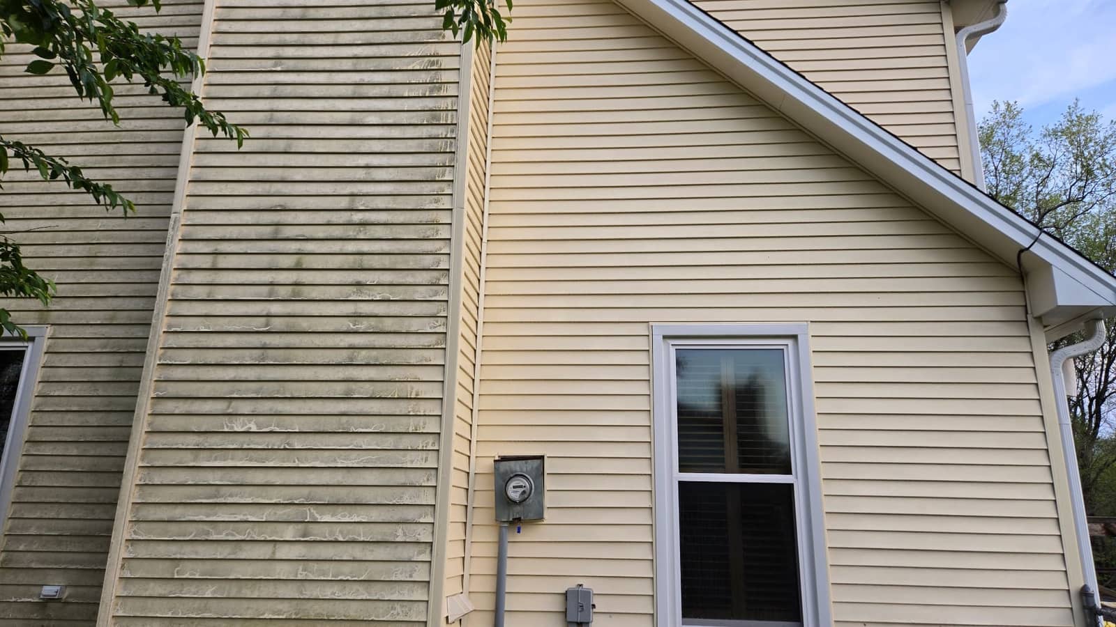 Side-by-side before and after comparison of a home's siding cleaned by Elite Exteriors soft-wash house washing