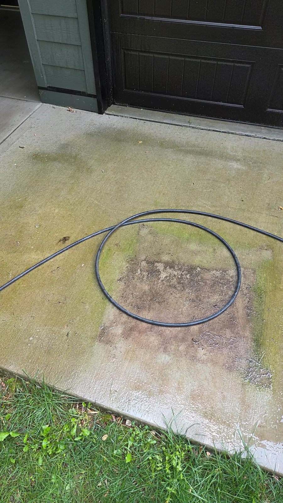 Concrete slab in front of a dark garage door covered in green algae, with a dark square stain where something had been sitting.