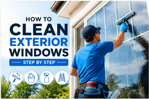 How to Clean Exterior Windows Step by Step Professional demonstrating how to clean exterior windows step by step on a residential home
