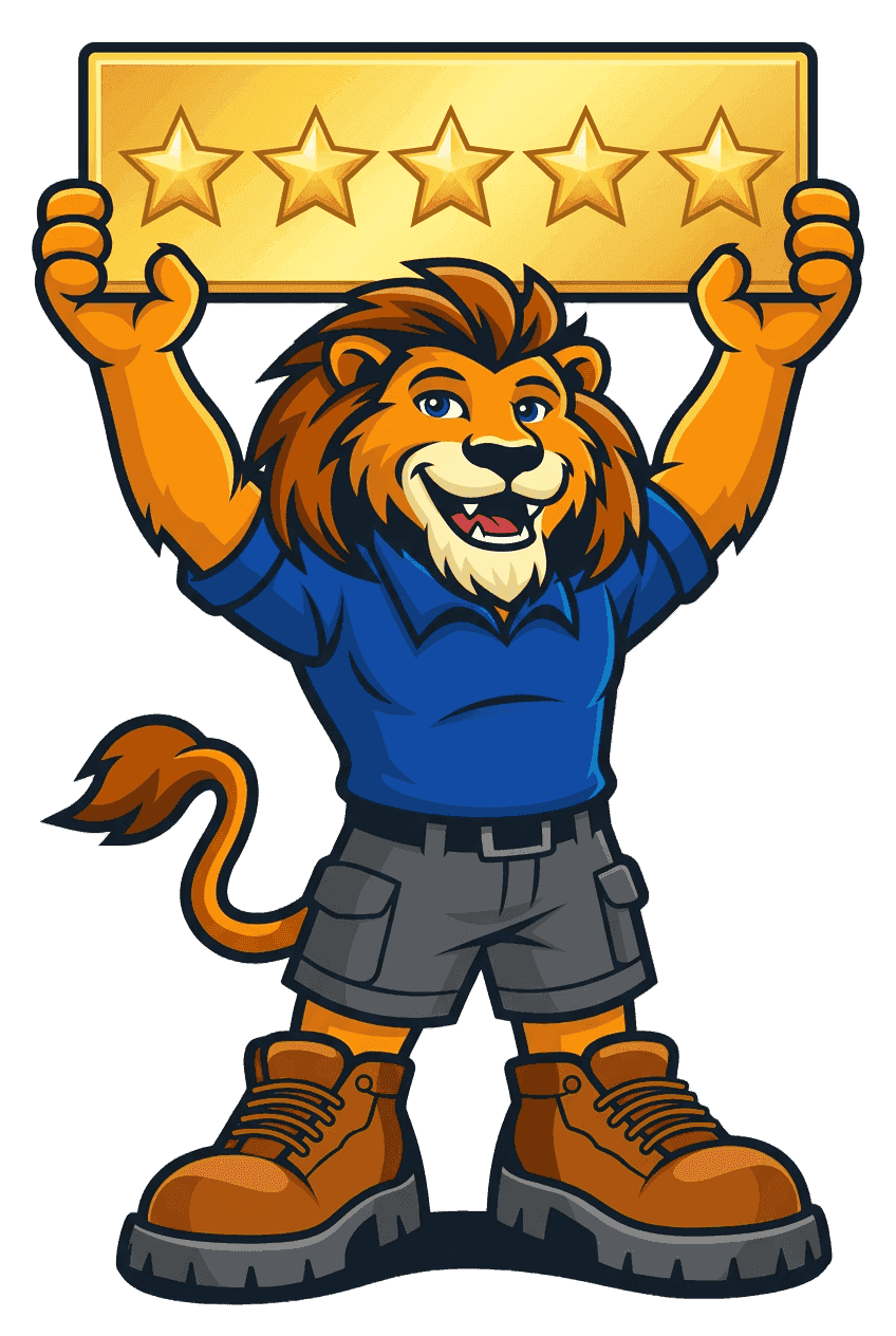 Zion the lion holding up a 5-star review sign