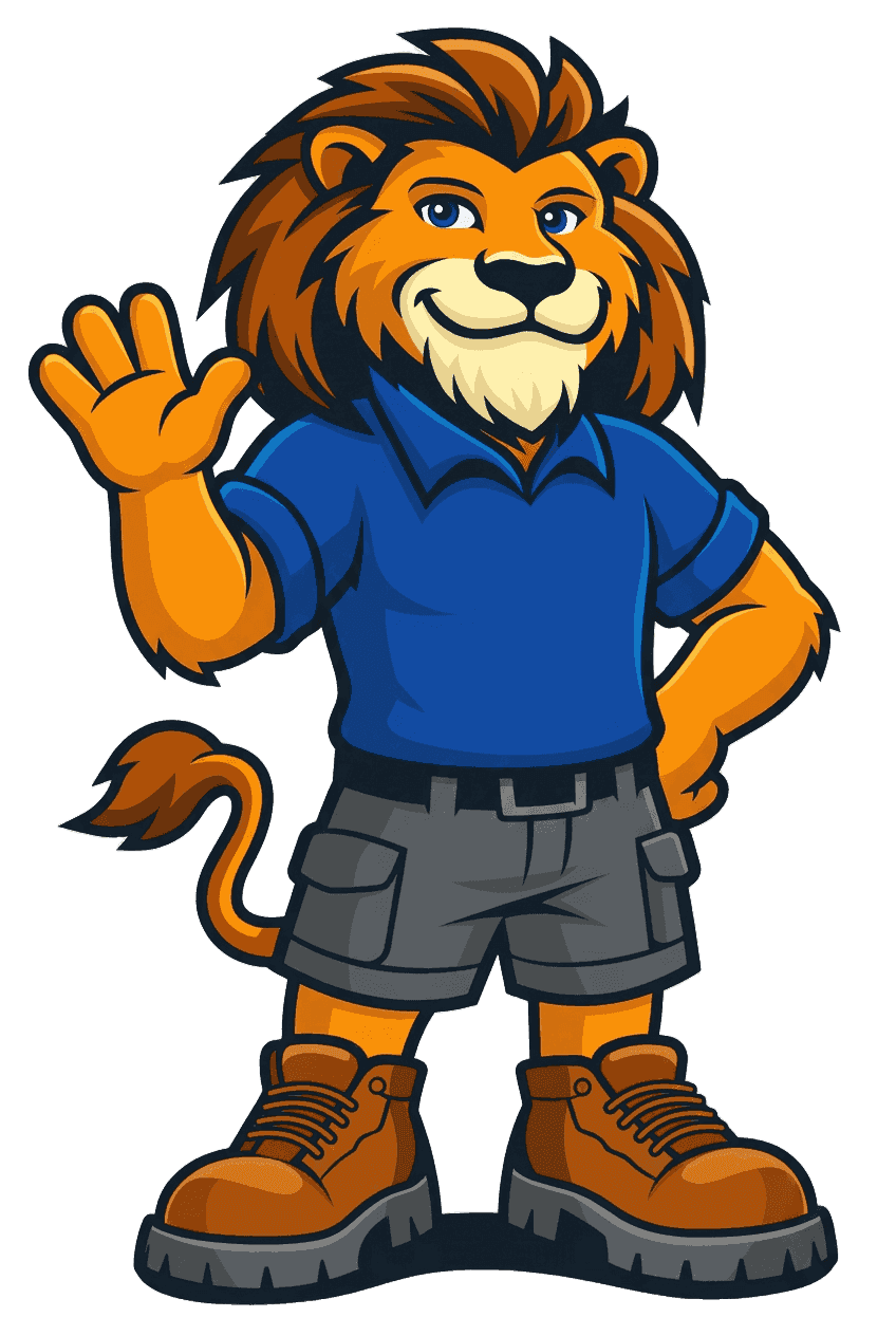 Zion the friendly lion — Elite Exteriors mascot — waving hello to Floyds Knobs and Southern Indiana homeowners