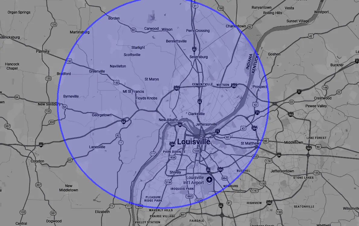 Elite Exteriors service area map — 20-mile coverage radius around Floyds Knobs, Indiana including New Albany, Jeffersonville, Clarksville, Sellersburg, Georgetown, Greenville and Charlestown